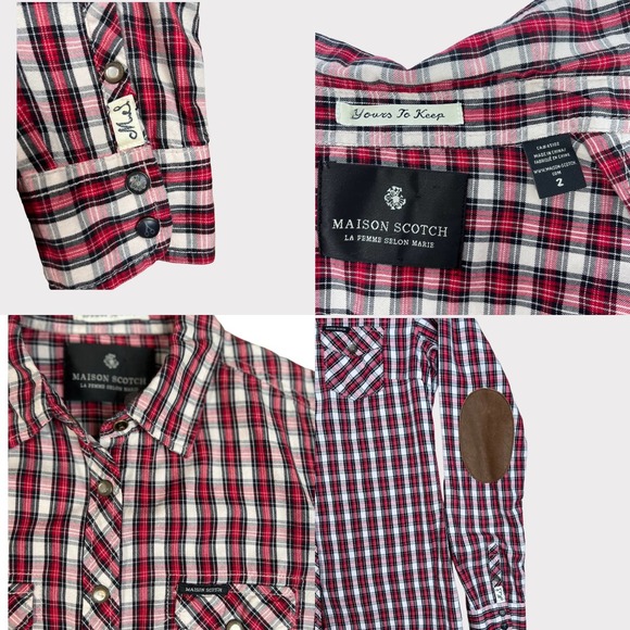 Maison Scotch (Sz 2) Plaid Snap Button Leather Elbow Patch Shirt - Picture 12 of 13